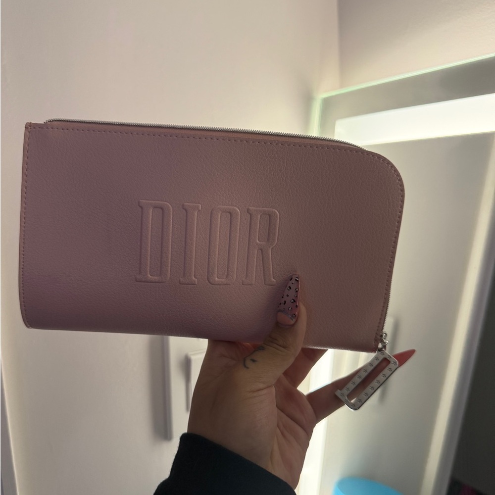 Dior Light Pink Embossed Leather Zip Wallet